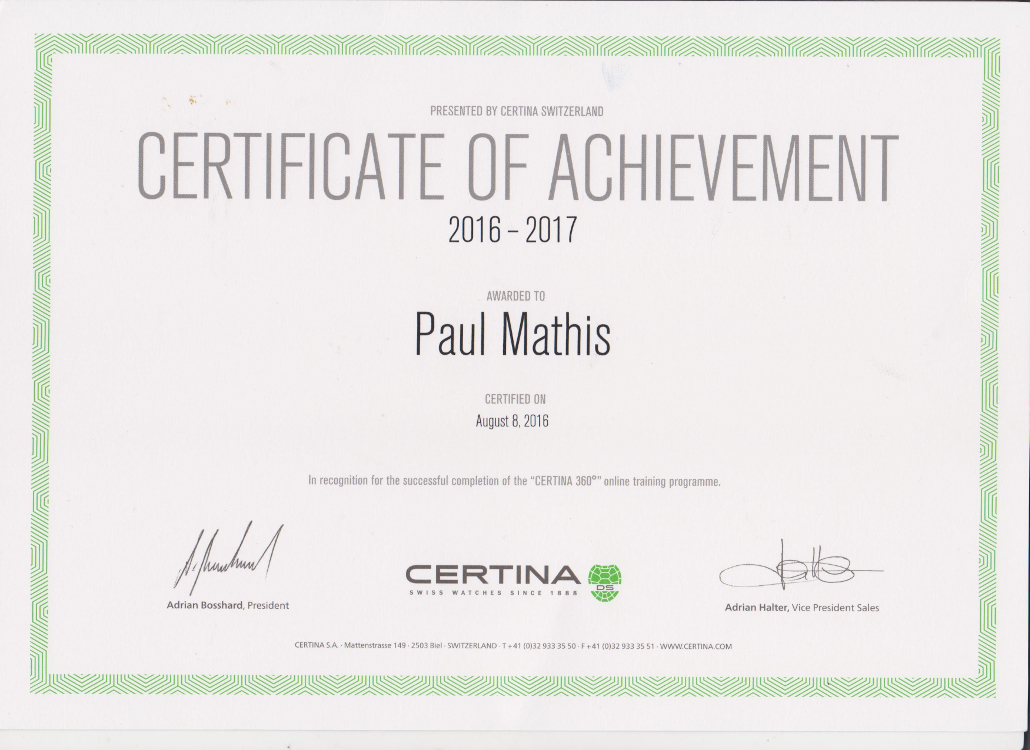 Certina – Certificate of Achievement Zertifikat vom Juwelier Weirather in Hohenems