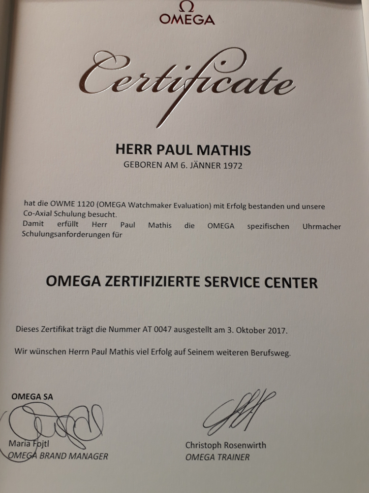 Omega Zertifikat vom Juwelier Weirather in Hohenems