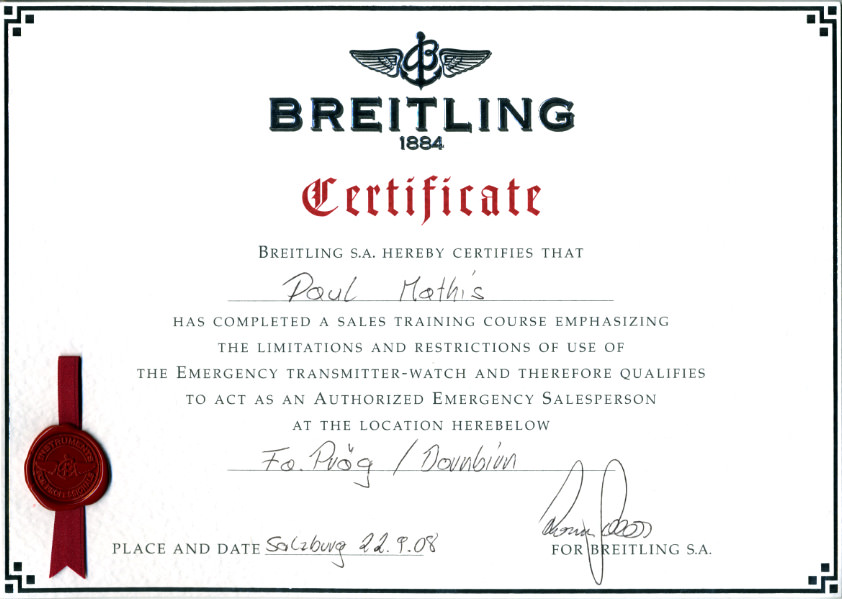 breitling Zertifikat vom Juwelier Weirather in Hohenems