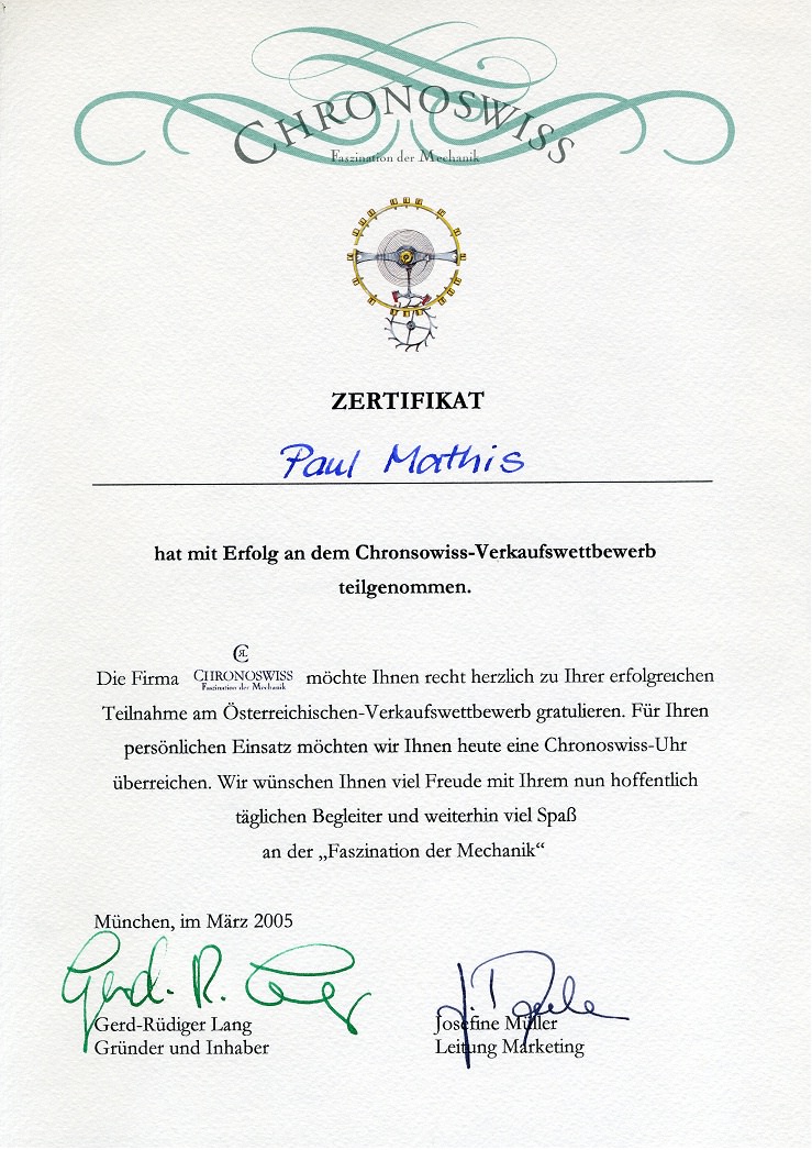 chronoswiss Zertifikat vom Juwelier Weirather in Hohenems