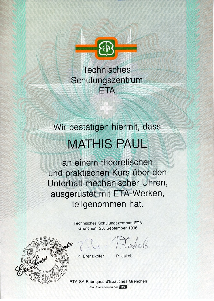 eta_1 Zertifikat vom Juwelier Weirather in Hohenems