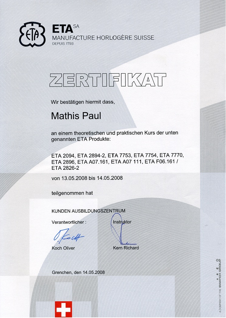 eta_2 Zertifikat vom Juwelier Weirather in Hohenems