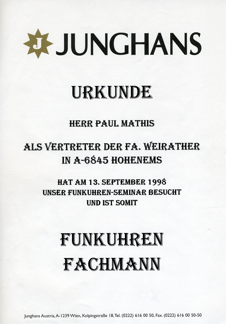 junghans_funkuhren Zertifikat vom Juwelier Weirather in Hohenems