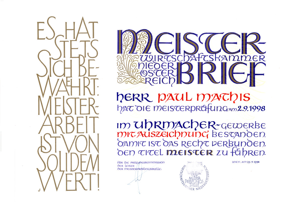 meisterbrief Zertifikat vom Juwelier Weirather in Hohenems