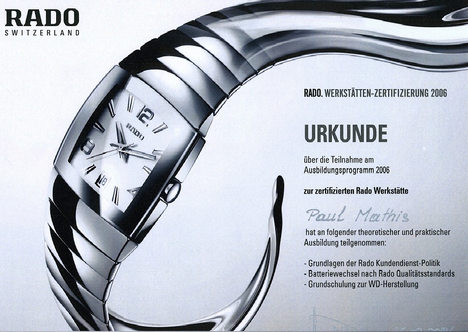 rado Zertifikat vom Juwelier Weirather in Hohenems