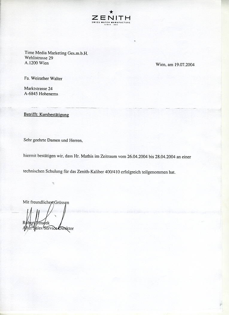 zenith400 Zertifikat vom Juwelier Weirather in Hohenems