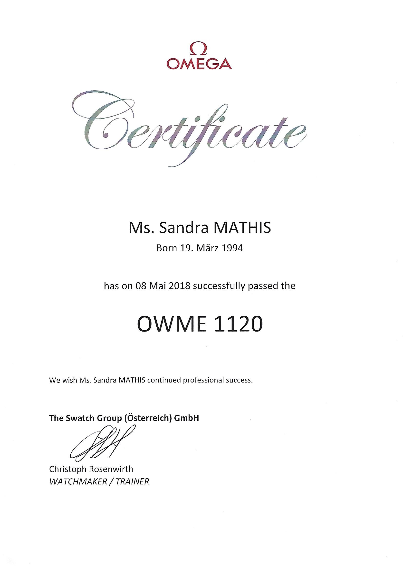 Sandra 4 Zertifikat vom Juwelier Weirather in Hohenems