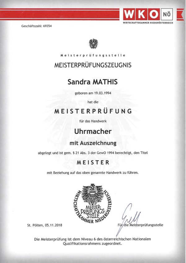Zertifikat vom Juwelier Weirather in Hohenems