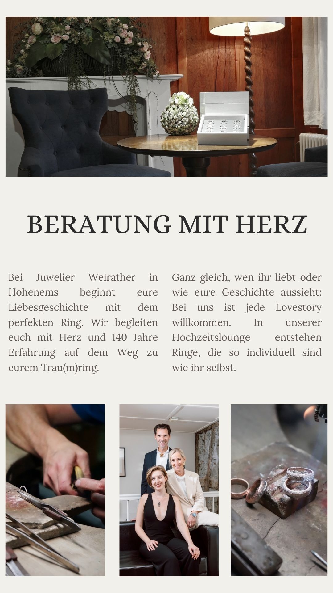 Bei Juwelier Weirather in Hohenems beginnt eure Liebesgeschichte mit dem perfekten Ring. Wir begleiten euch mit Herz und 140 Jahre Erfahrung auf dem Weg zu eurem Trau(m)ring.